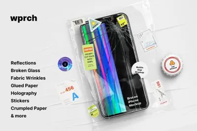 复古潮流酸性艺术镀铬镭射渐变褶皱纸张破碎玻璃样机合辑 WPRCH – Assets and Mockups