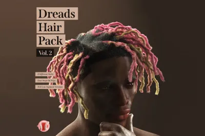 高质量C4D三维渲染黑人潮人彩色黑色多种材质脏辫3D头发模型素材 Dreads Hair Pack