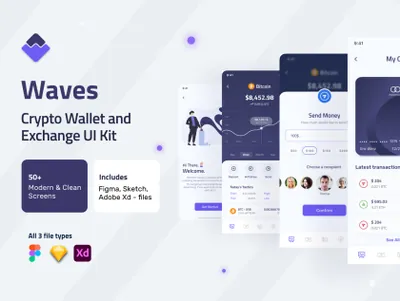 高质量加密货币移动钱包支付APP界面UI素材 Waves - Crypto Wallet Exchange UI Kit