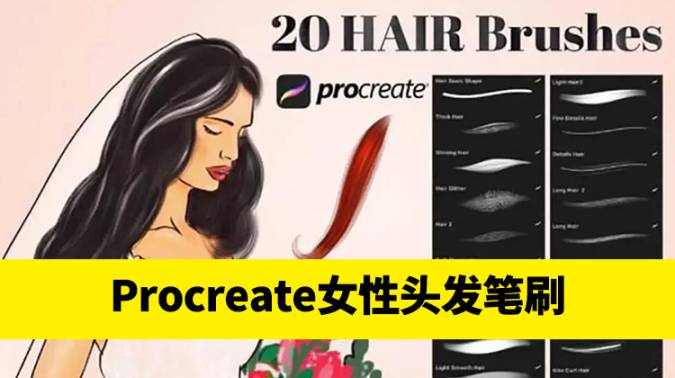 Procreate笔刷-20个逼真的女性头发Procreate笔刷