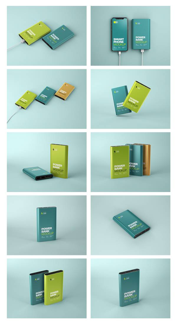 样机模板-充电宝手机移动电源多角度外观效果图VI展示样机PSD智能贴图模板