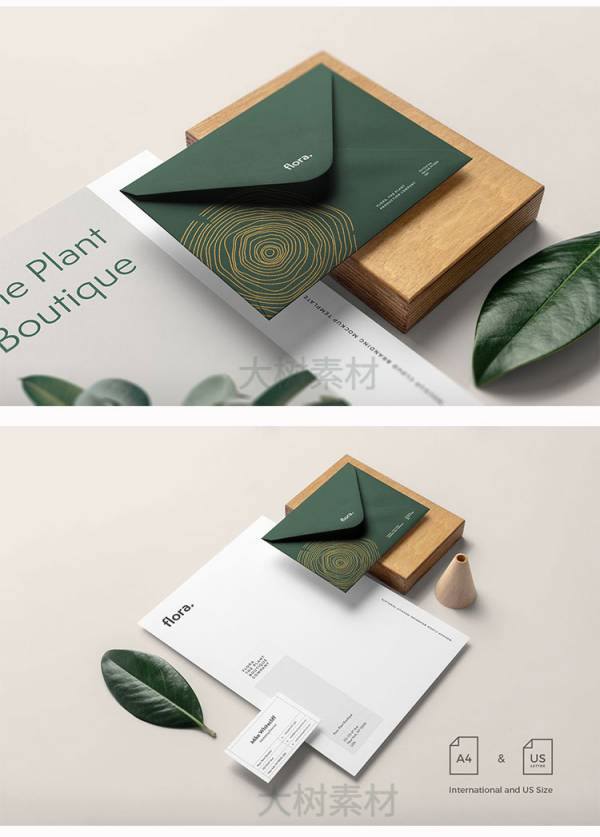 样机模板-文创办公植物名片信纸品牌VI设计展示场景智能贴图样机PS模板素材