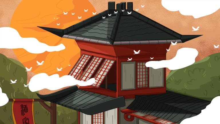 PSD模板-中国风中式古典国潮手绘风景古建筑鱼龙海报插画PSD模板