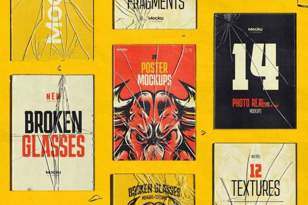 样机模板-破碎玻璃叠加效果的海报样机素材