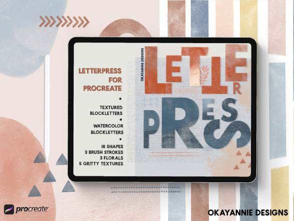 Procreate笔刷-手绘形状和字母数字纹理印章笔刷素材