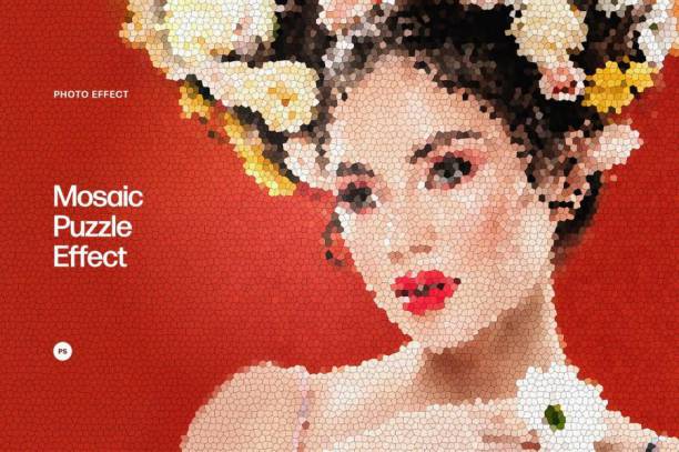 PS动作-马赛克拼图照片效果PSD图层样式模板