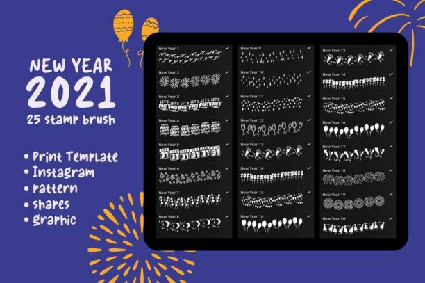 Procreate笔刷-新年烟花酒杯庆祝主题组合印章图案笔刷素材