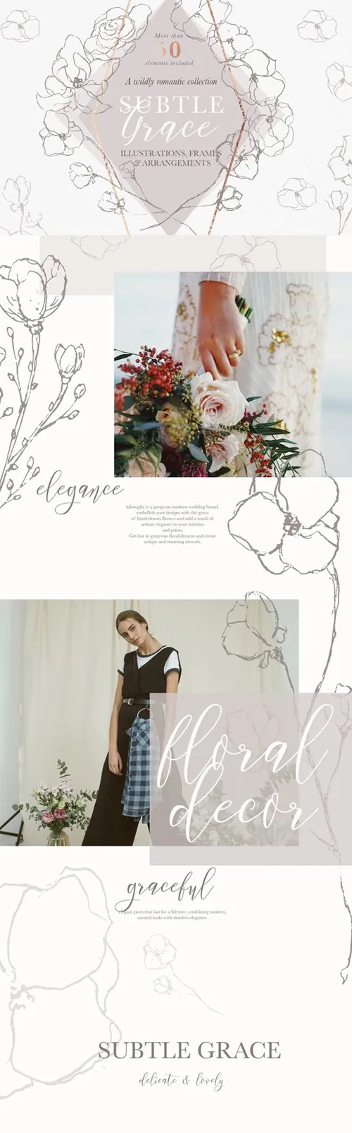 优美的花卉玫瑰金元素矢量插图素材 Graceful Flor