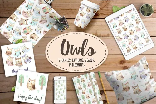 有趣的手绘水彩猫头鹰无缝背景纹理素材