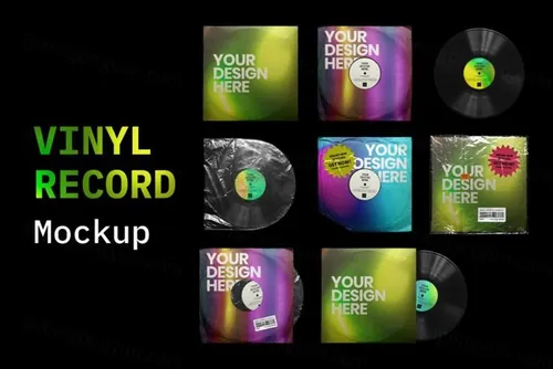 复古老物件带有塑料薄膜的黑胶唱片样机模板 Vinyl Record Mockup