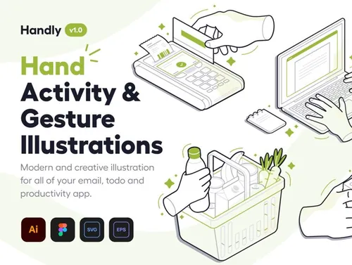 高质量手势操作手机电脑POS机线稿插画素材合辑 Handly