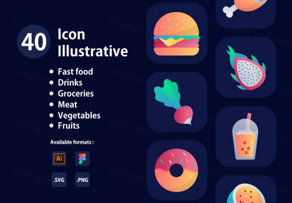 40个水果蔬菜食物图标合辑 Babuko - Icon Illustr