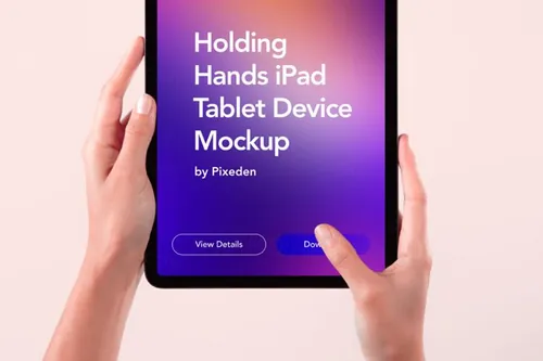 手持苹果iPad平板电脑网页UI界面设计样机模板 Hand Holding Psd iPad Mockup Scene