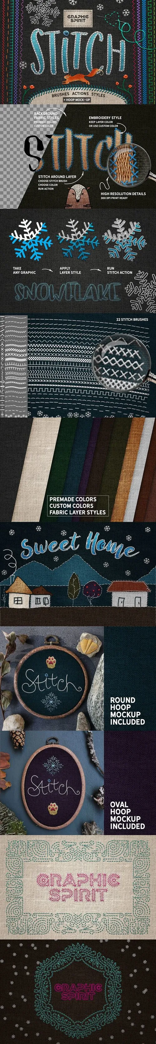 逼真的针织线缝纫设计素材Ps STITCH Brushes