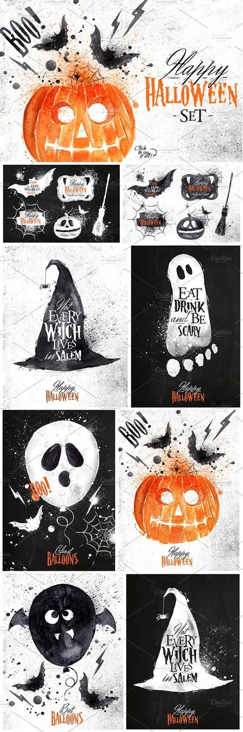 手绘水彩万圣节节日元素矢量图形 Halloween-set