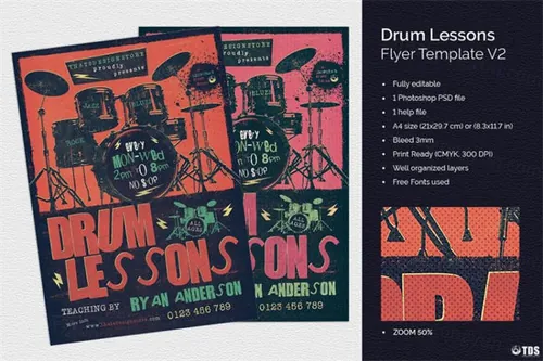 击鼓课程海报模板 Drum Lessons Flyer