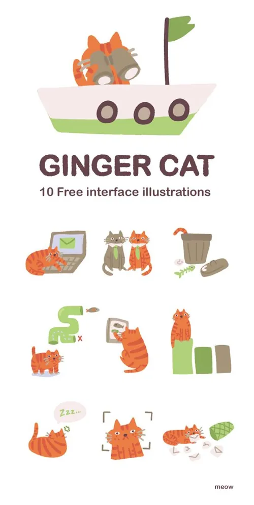 可爱毛茸茸的猫水彩剪贴画素材 Ginger Cat Set