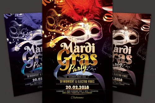 狂欢节面具化妆舞会派传单海报模板 Mardi Gras Party Flyer