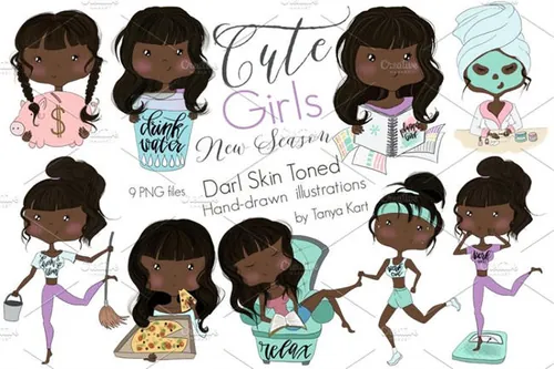 黑皮肤卡通女孩素材 Dark skin toned Planner girls