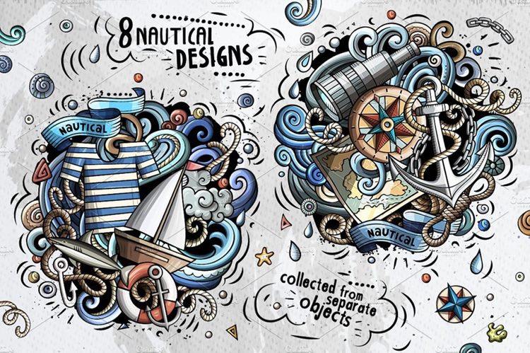手绘海洋风无缝背景矢量素材打包Nautical_Cartoo
