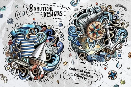 手绘海洋风无缝背景矢量素材打包Nautical_Cartoo
