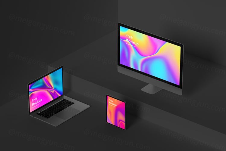 立体等距三维场景苹果笔记本网页设计提案样机模板 Free Isometric Devices Mockup