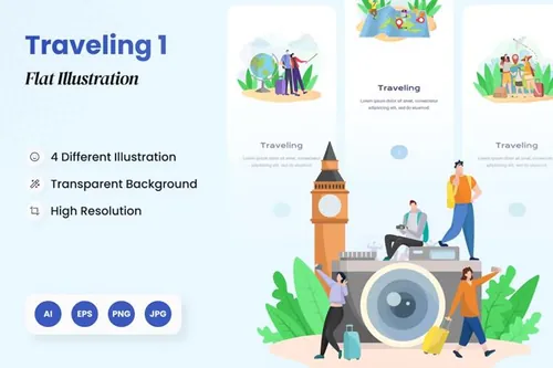扁平化野餐度假旅行主题场景矢量插画素材 Traveling