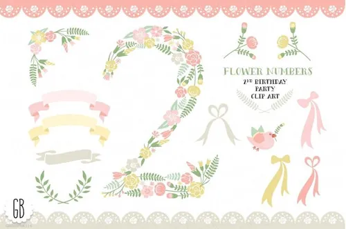 手绘花卉植物设计素材Floral number , 2nd birthday clip art