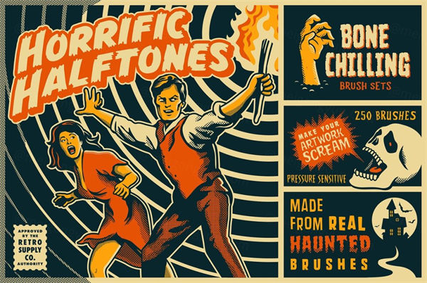 复古粗糙的丝网印刷效果亚敏渐变半色调画笔 Horrific Halft