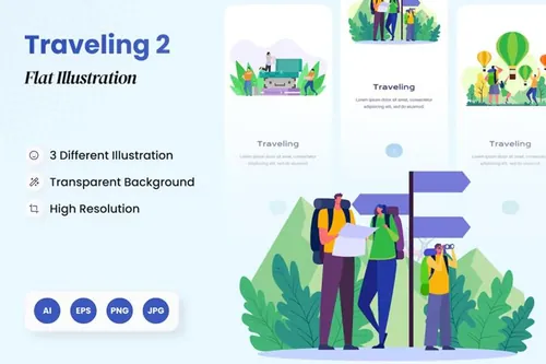 扁平化野餐度假旅行主题场景矢量插画素材 Traveling