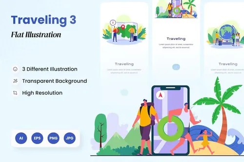 扁平化野餐度假旅行主题场景矢量插画素材Traveling F