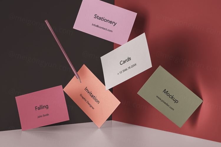 自由飘落的名片设计贴图展示样机PSD模板 Falling Psd Invitation Card Mockup