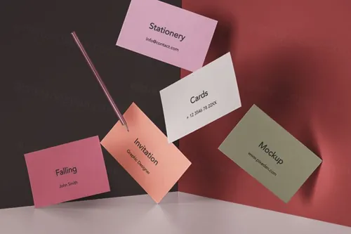 自由飘落的名片设计贴图展示样机PSD模板 Falling Psd Invitation Card Mockup