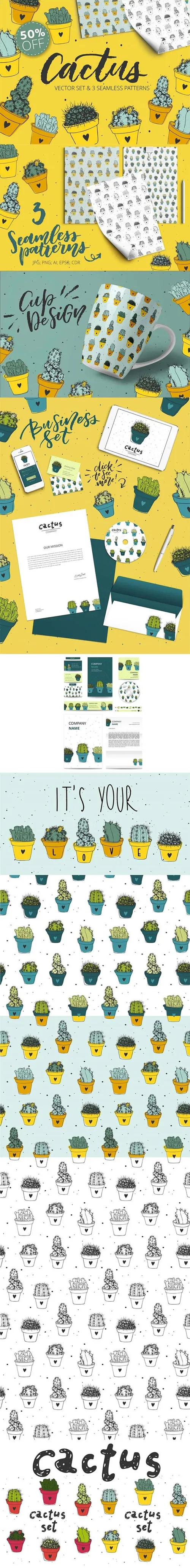 手绘仙人掌矢量无缝背景素材 Handdrawn_cactus_vector_set