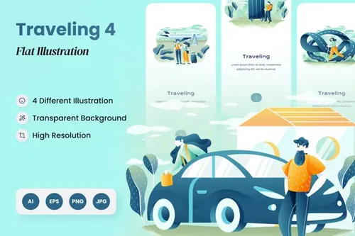 扁平化野餐度假旅行主题场景矢量插画素材 Traveling