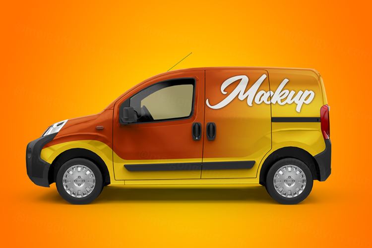 小型面包车小汽车品牌车身广告设计提案样机PSD模板 Mockup van