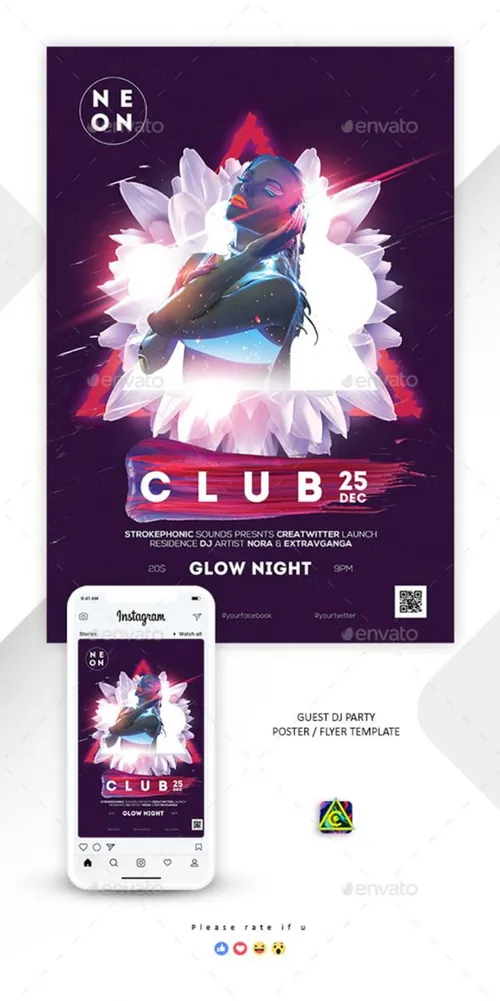 霓虹灯效果的派对海报模板下载 Neon Poster  Flyer