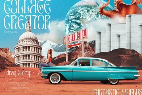 超大型复古未来主义超现实报纸杂志剪贴画拼贴艺术PNG合集包