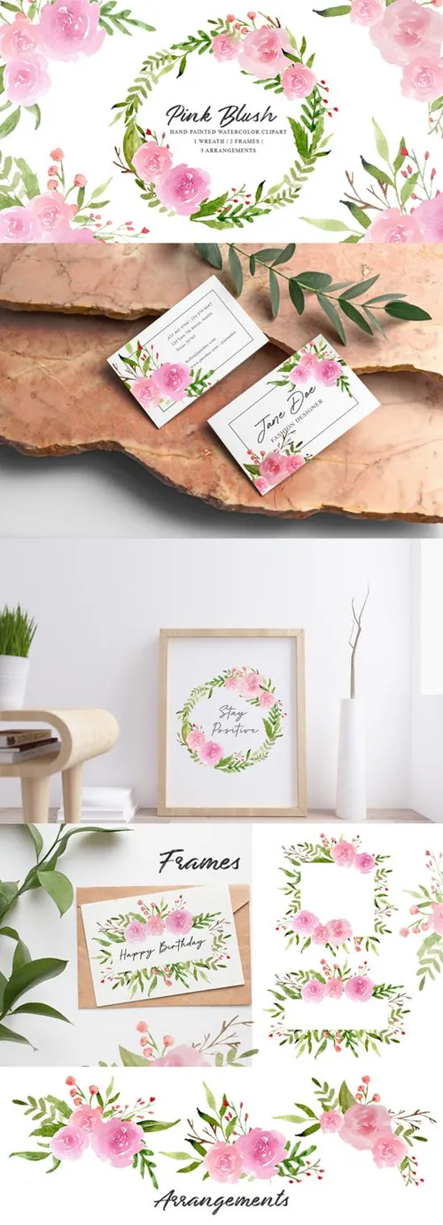 粉红色水彩花卉剪贴画素材 Pink Blush - Watercolor Floral Graphics