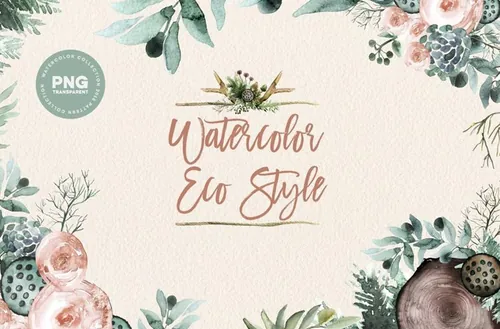 意大利早晨婚礼树枝玫瑰花卉水彩画元素 Watercolor