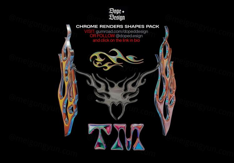 潮流酸性艺术抽象镀铬镭射金属渐变光泽立体形状PNG免抠图 C