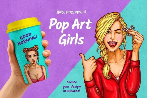 美式风格时尚手绘女性插画素材  pop-art-girls