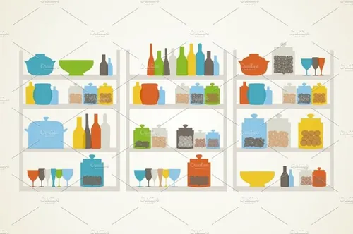 货架摆满了厨房用品矢量插图Shelf on kitchen