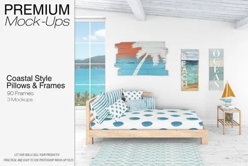 海景房室内场景枕头和框架展示样机素材 Coastal Style