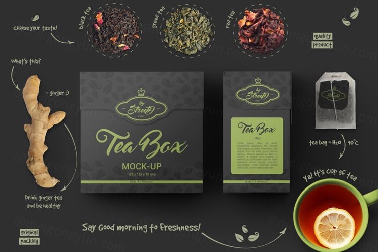 高分辨率茶叶茶盒包装盒模型设计素材 Tea Box Mock-Up