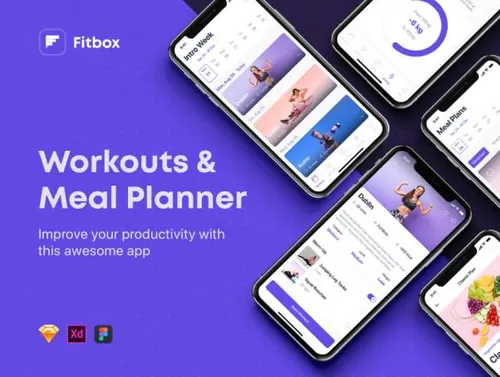 健身房锻炼方案膳食计划移动APP UI界面素材 Fitbox - Wo