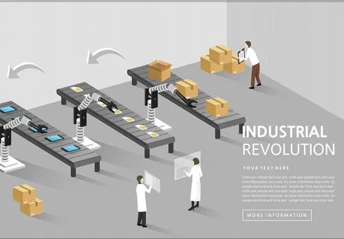 Industrial Revolution 工业革命工厂流水线研究分析AI矢量插图素材 ti209a8207