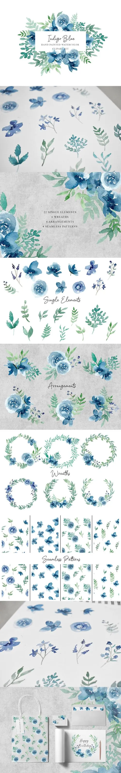 靛蓝手绘水彩画 Indigo Blue Handpainted Watercolor Pack