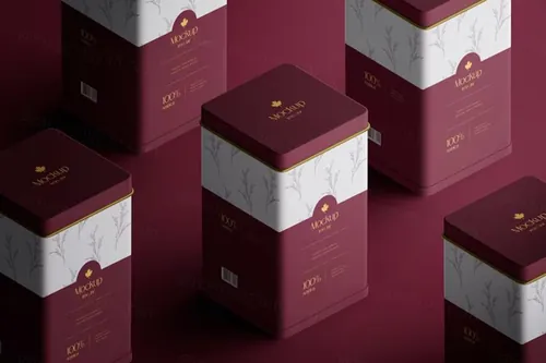 高质量方形金属茶罐咖啡茶叶包装设计贴图展示样机PSD模板 S