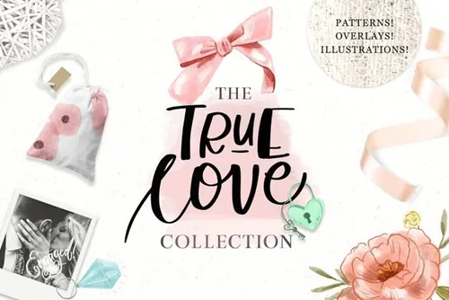 粉色爱情主题水彩插画元素 The True Love Des